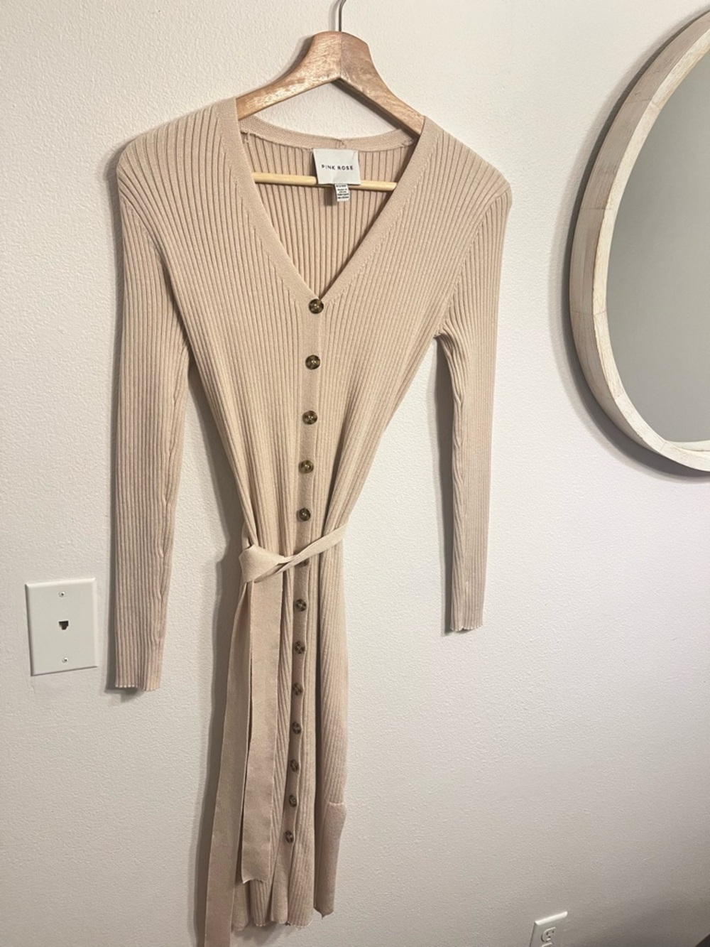 Biege Ribbed Button-Front Midi Dress